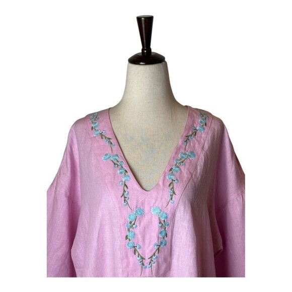 Fanm Mon x Andie Dress Women Small Pink Linen Embroidered The Kepez Kaftan Maxi - Picture 5 of 15